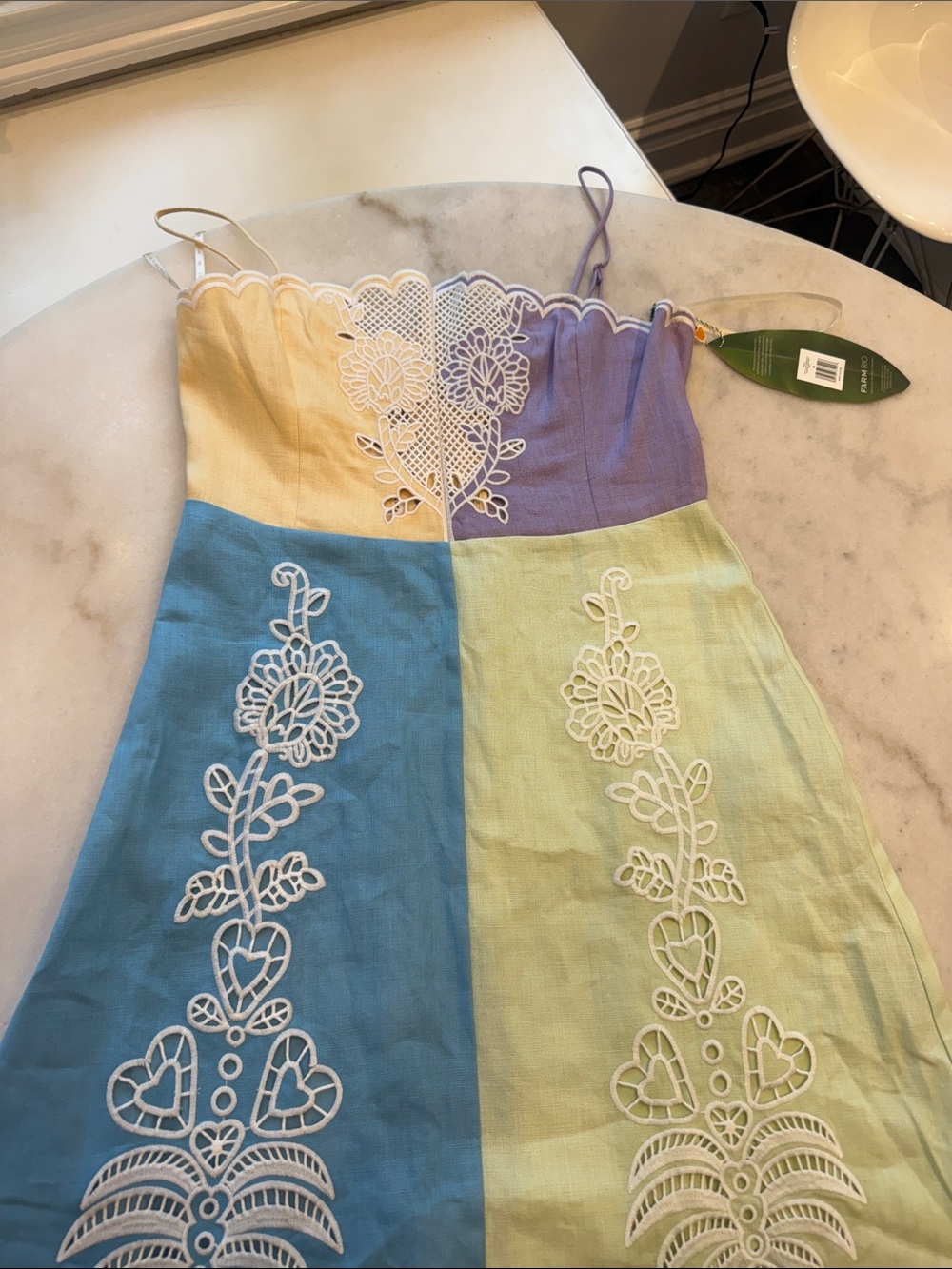 NWT-FARM Rio Colorblock Embroidered midi Sundress - Blue, Lime & Lavender - Picture 3 of 12